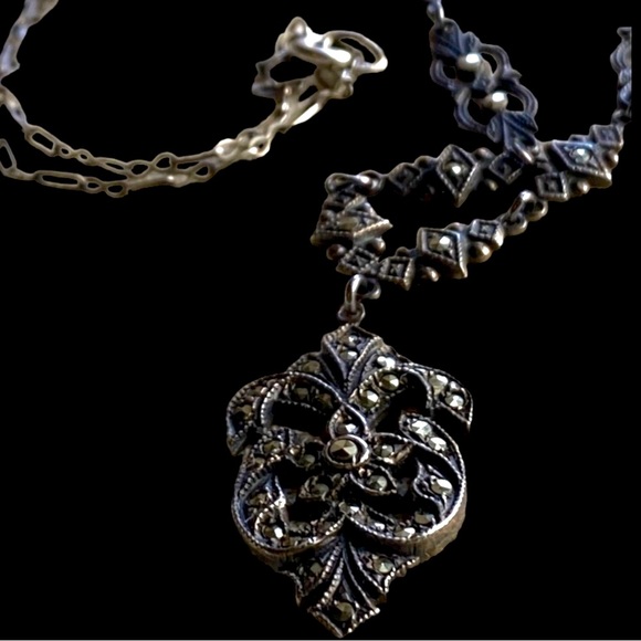 🌴Victorian Marquisite Necklace with hand made chain Sterling
